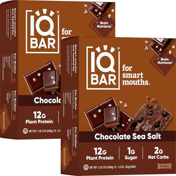 Iqbar Brain And Body Plant Protein Bars - Chocolate Sea Salt - 24 Count, Low Carb, High Fiber, Gluten Free, Vegan Snacks - Low Sugar Keto Energy Bar