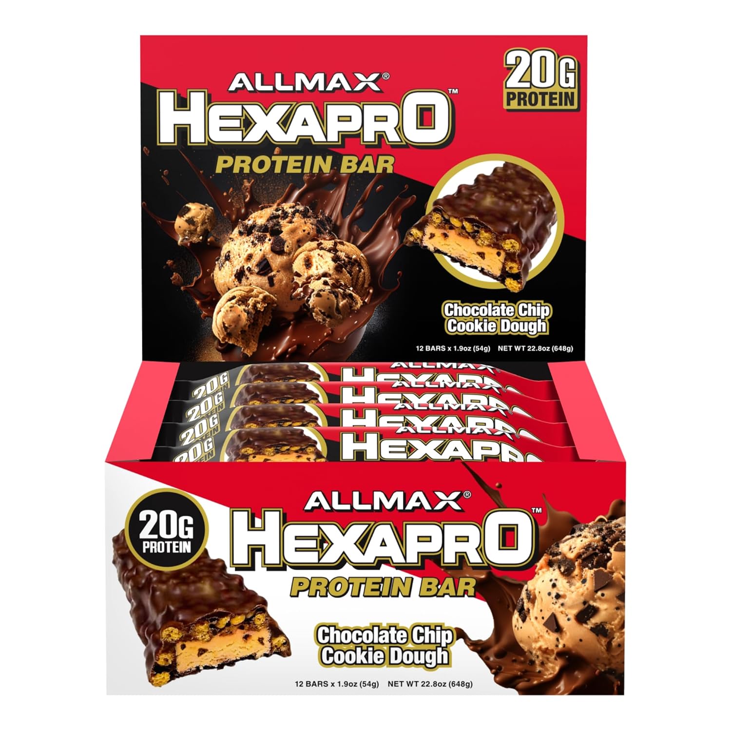 Allmax Hexapro Protein Bar, Chocolate Chip Cookie Dough - Pack Of 12 - High-Protein Energy Snack - 20 G Of Protein Per Bar - With Whey Protein Isolate