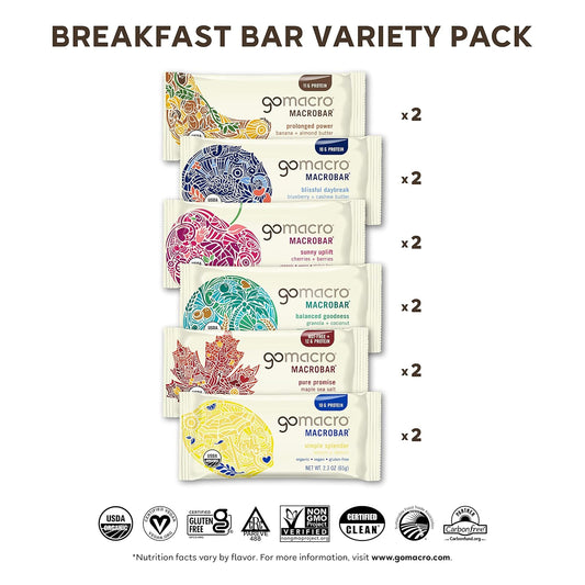 Gomacro Macrobar Organic Vegan Protein Bars - Breakfast Variety Pack (2.0-2.3 Ounce Bars, 12 Count)