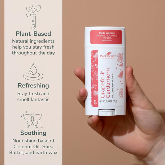 Plant Therapy Grapefruit Cardamom Natural Deodorant for Men & Women 2.65 oz Aluminum Free, Cruelty Free, Smooth Application, Effective Protection