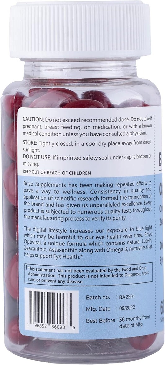 Briyo Optivital For Eye Health - Lutein And Zeaxanthin From Marigold Flower Extract, Astaxanthin (Microalgae), And Omega 3 - Eye Supplement, 60 Count