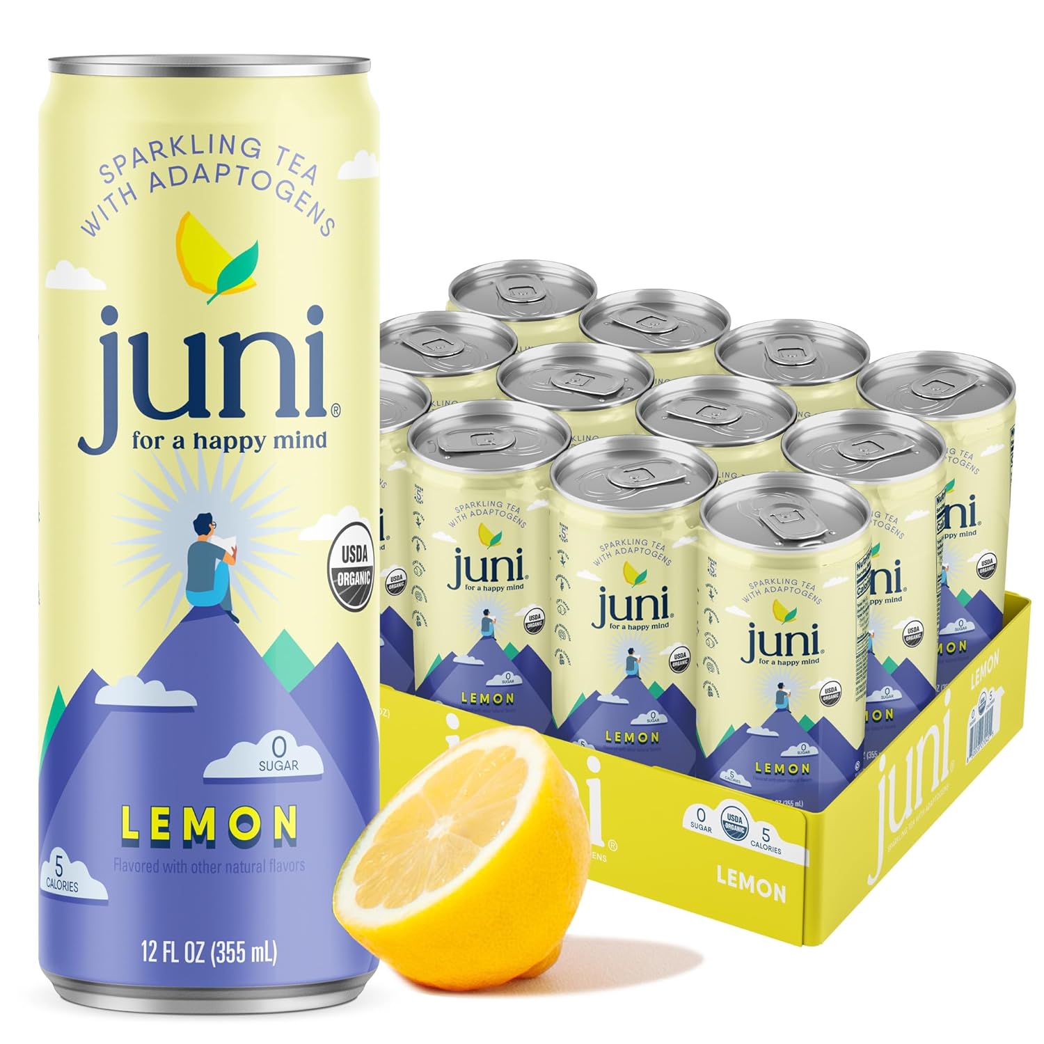 Juni Sparkling Tea With Adaptogens, Zero Sugar, 5 Calories, Organic Adaptogen Drink With Natural Caffeine From Green Tea, Vegan, Lemon, 12 Fl Oz Cans (12-Pack)
