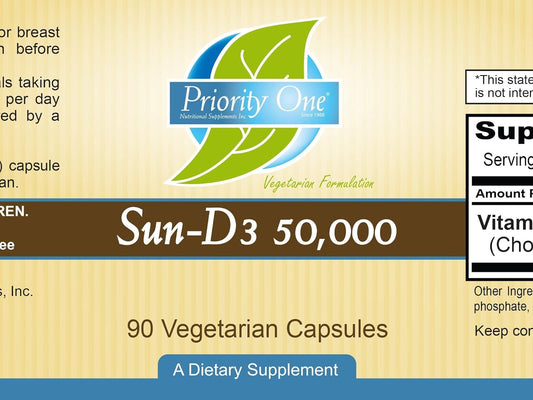 Priority One Vitamins Sun D3 50,000 90 Vegetarian Capsules - The Most bioavailable Form of Vitamin D (cholecalciferol)