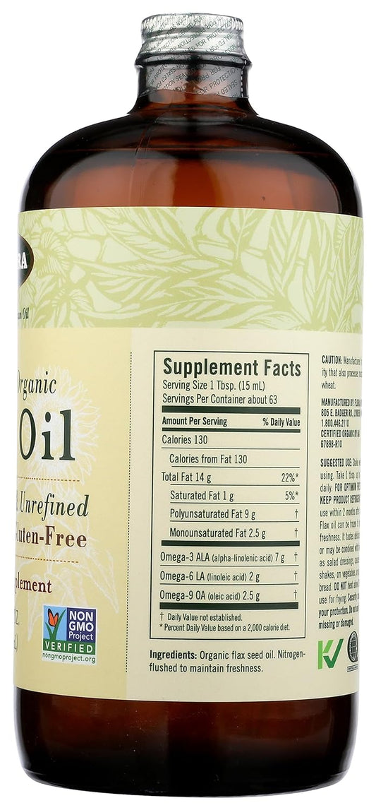 Flora Certified Organic Flax Seed Oil - Cold Pressed & Unrefined - Non-GMO, Gluten-Free, Kosher Omega Flax Oil Blend - Essential Fatty Acids for Wellness - Amber Glass Bottle - 32 oz