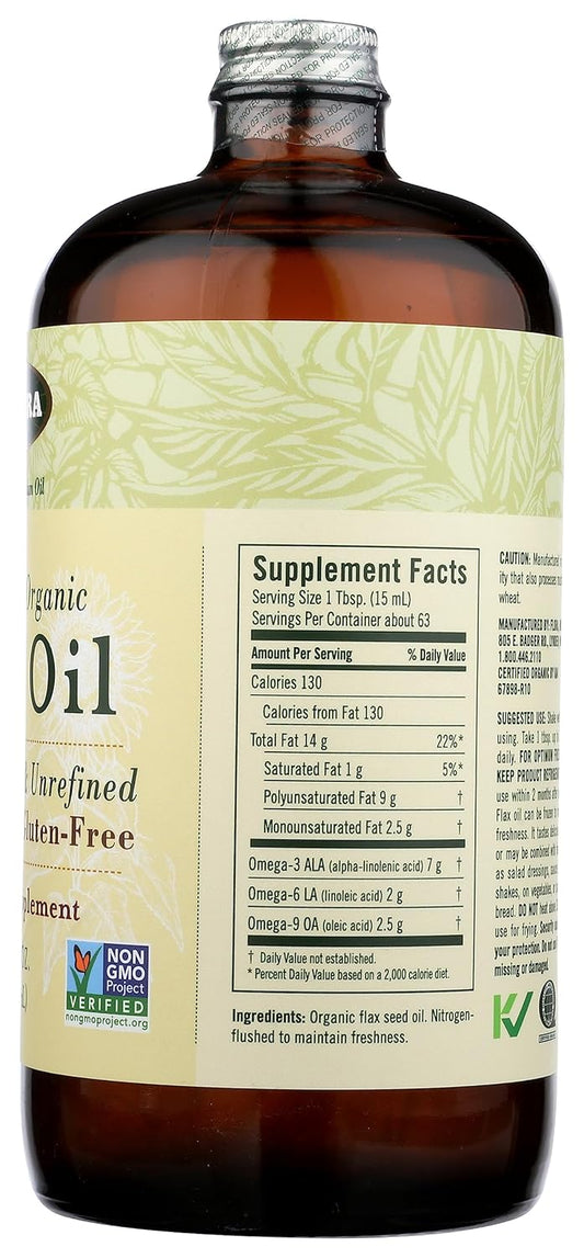 Flora Certified Organic Flax Seed Oil - Cold Pressed & Unrefined - Non-Gmo, Gluten-Free, Kosher Omega Flax Oil Blend - Essential Fatty Acids For Wellness - Amber Glass Bottle - 32 Oz