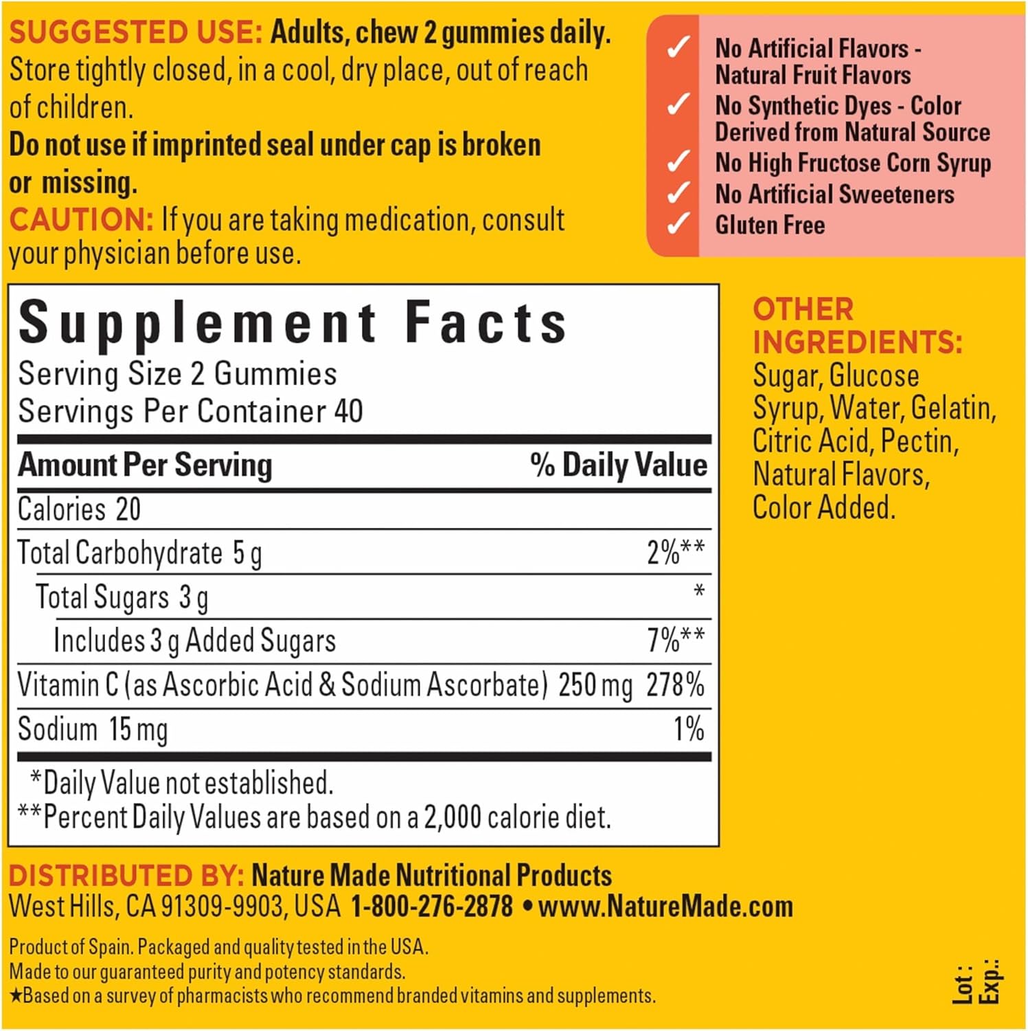 Nature Made Vitamin C 250 mg per serving, Dietary Supplement for Immune Support, 80 Gummies, 40 Day Supply : Health & Household