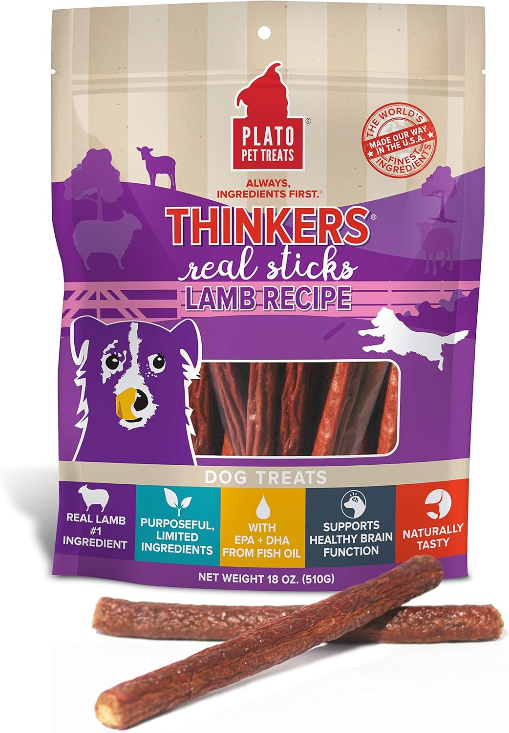 Plato Pet Treats Air Dried Dog Treats Lamb Thinkers Sticks, Natural Dog Treats, Real Meat, Air Dried, Made in the USA, 10oz : Pet Supplies