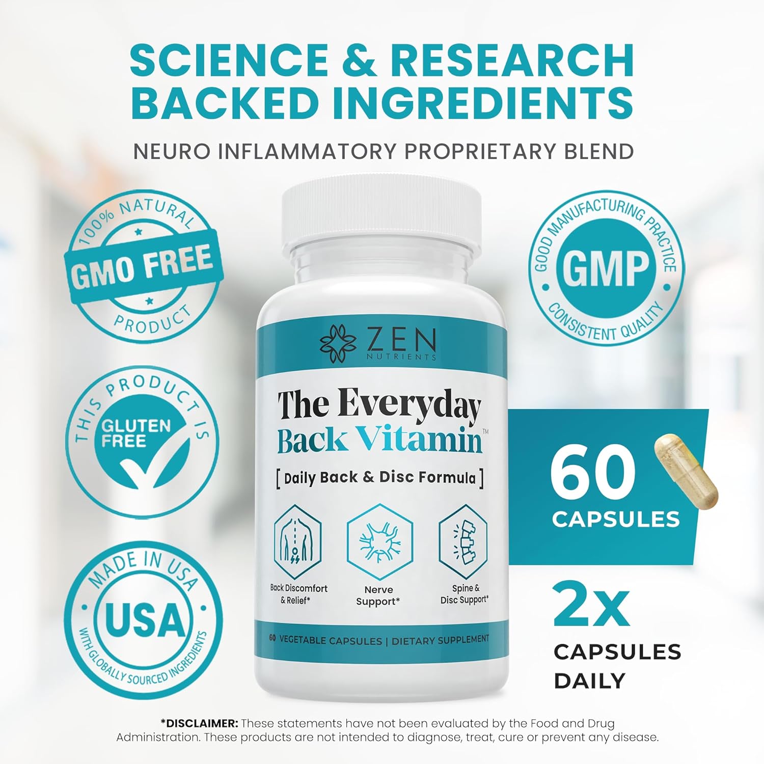 Zen Nutrients The Everyday Back Vitamin For Lower Back Relief & Nerve Function Support Supplement - Back, Disc And Nerve Relief With Alpha Lipoic Acid, Turmeric & Glucosamine (60 Capsules) : Health & Household