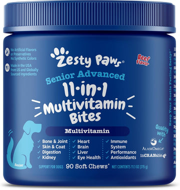 Zesty Paws Senior Dog Multivitamin Treats - Glucosamine For Dogs + Digestive Enzymes & Probiotics - Grain Free Dog Vitamins For Skin & Coat + Immune Health - Beef - Advanced - 90Ct