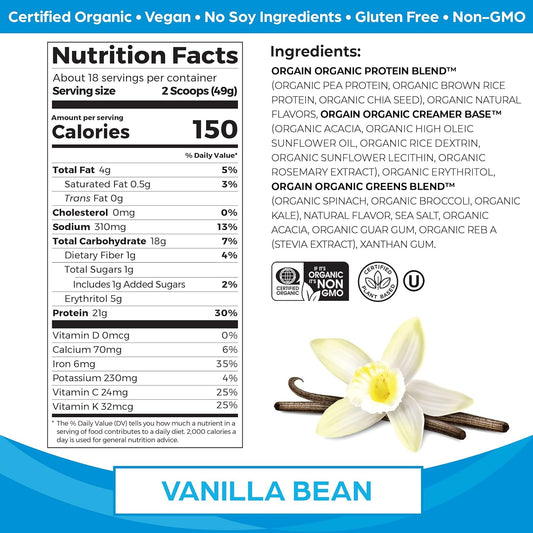 Orgain Organic Vegan Protein Powder + Greens, Vanilla Bean - 21g Plant Based Protein, Gluten Free, Dairy Free, Lactose Free, Soy Free, No Sugar Added, With Iron & Prebiotics for Gut Health - 1.94lb