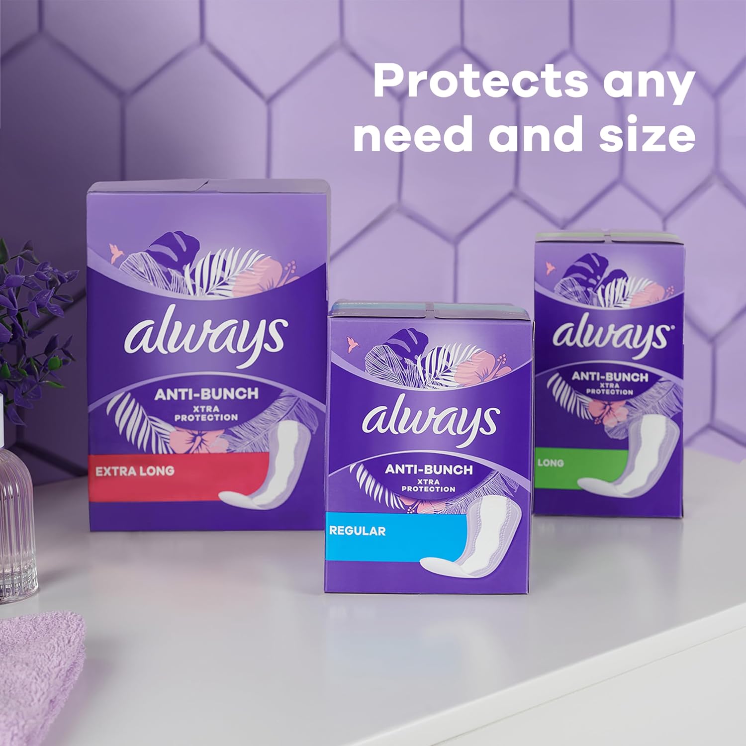 Always Anti-Bunch Xtra Protection, Panty Liners For Women, Extra Long Length, Unscented, 68 Count X 4 Packs (272 Count Total) (Packaging May Vary) : Everything Else