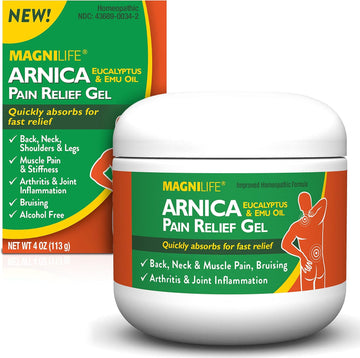 Magnilife Arnica Pain Relief Gel, Fast Acting Neck And Back Pain Relief, With Eucalyptus And Emu Oil To Soothe Soreness, Inflammation And Discomfort - 4Oz