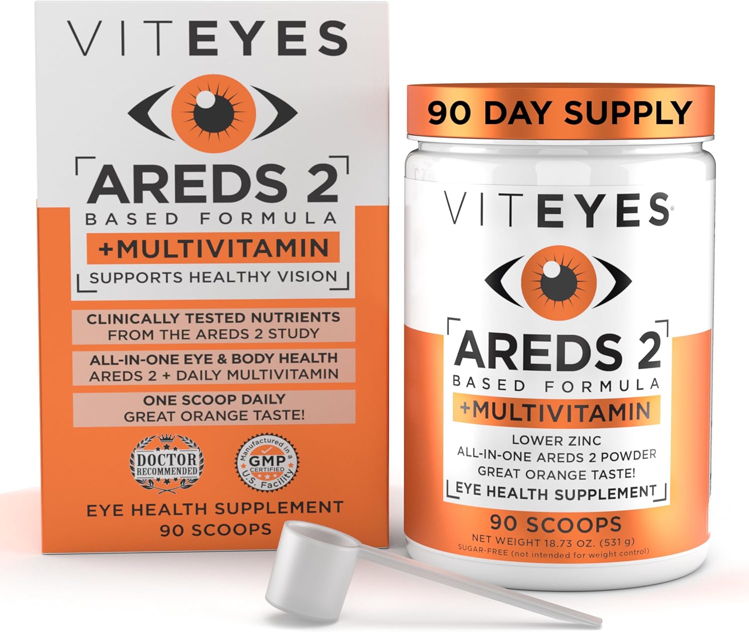 Viteyes AREDS 2 Powder + Multivitamin All-in-One, Macular Protection, Alternative to AREDS 2 chewables, No Pills, Lutein & Zeaxanthin, AREDS 2 Eye Vitamins Drink, Natural Orange Flavor, 90 Scoops