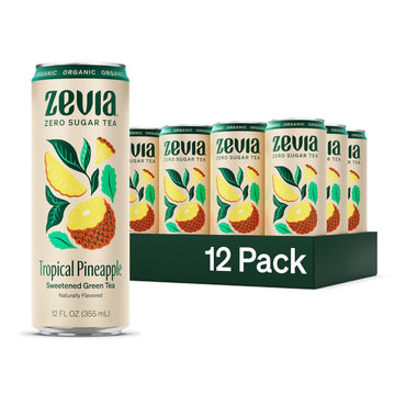 Zevia Zero Sugar Tea, Green Tea Tropical Pineapple, 12 Oz Cans (12-Pack) – Naturally Sweetened, Zero Calorie Sugar Free - Non-Gmo Project Verified, Gluten-Free, Vegan
