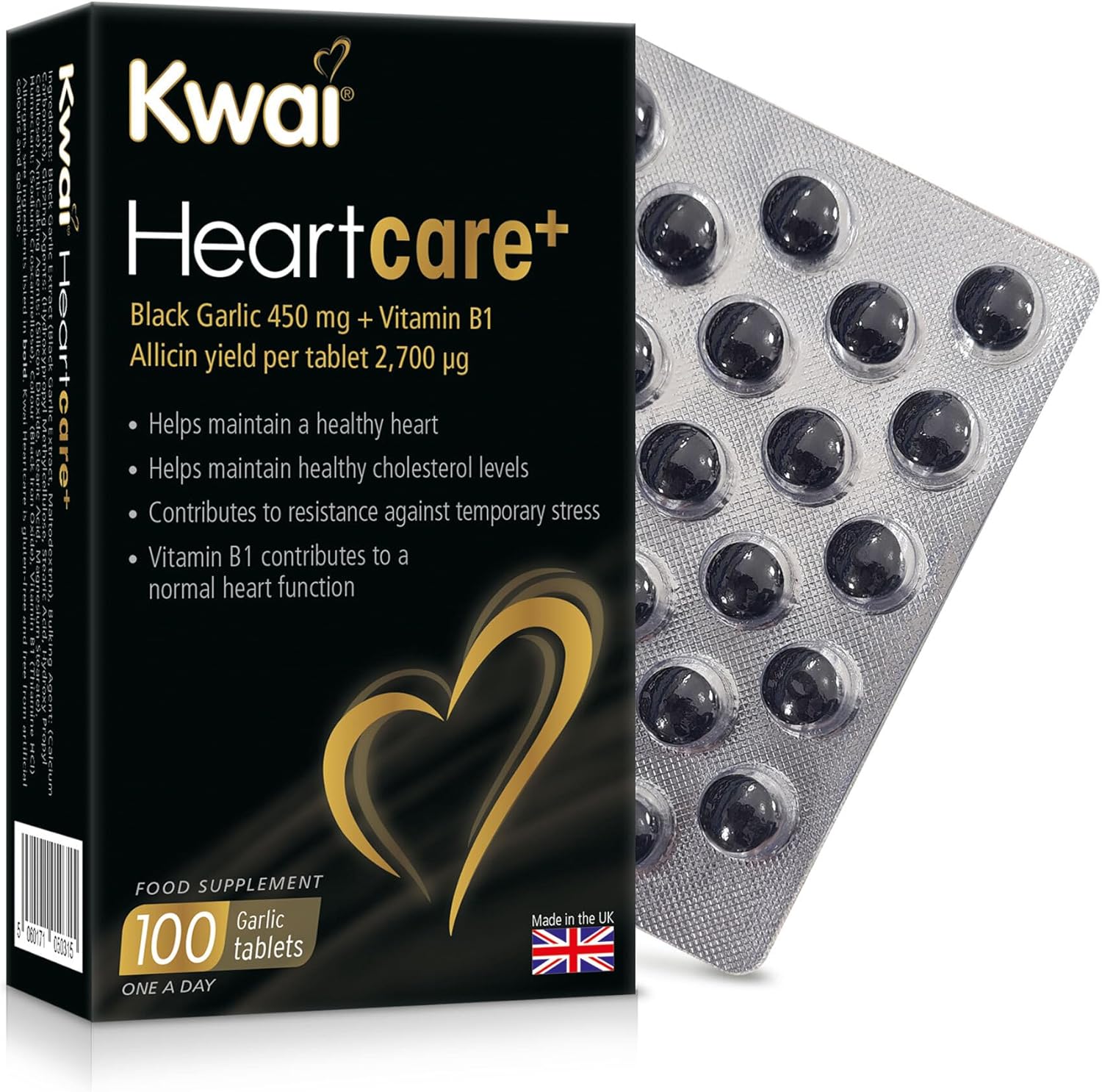 Kwai Heartcare+ Black Garlic | Garlic Capsules Odourless & Vitamin B1 I Healthy Cholesterol Levels And A Healthy Heart, Rich In Antioxidants | 450Mg Garlic Per Tablet | 100 Tablets