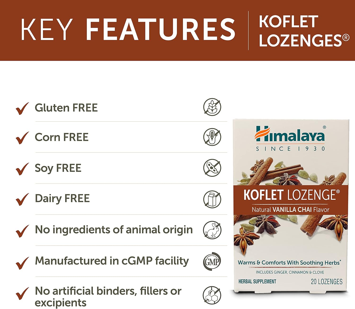 Himalaya Koflet Lozenges, Vanilla Chai Flavor, Natural Herbal Cough Drop For Warming Relief And Soothing Comfort, 130 Mg, 20 Lozenge : Health & Household