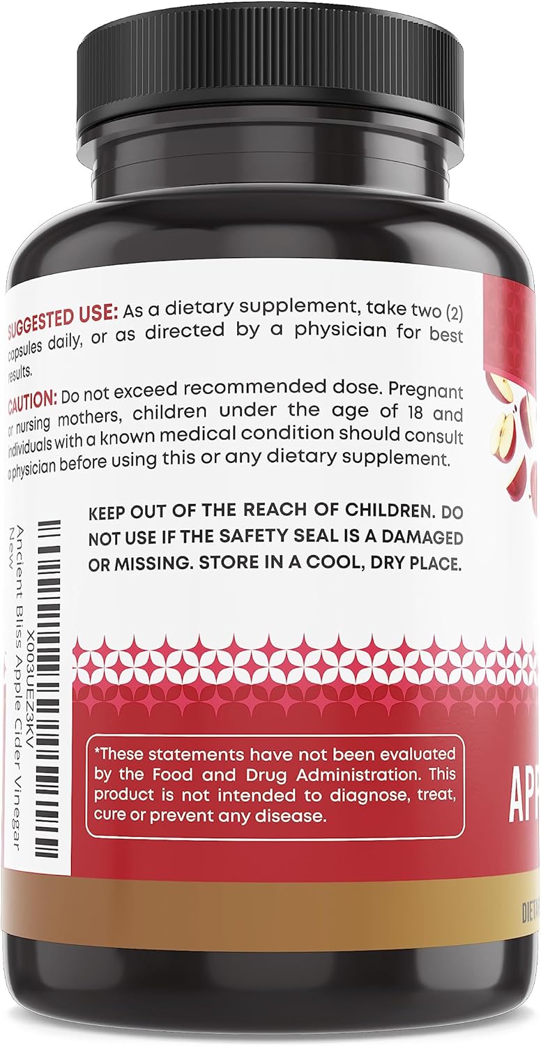 Ancient Bliss Apple Cider Vinegar Organic Capsules With The Mother, Helps Improve Digestion, Unfiltered Vinegar Capsules, 1600Mg (120 Capsules) : Grocery & Gourmet Food