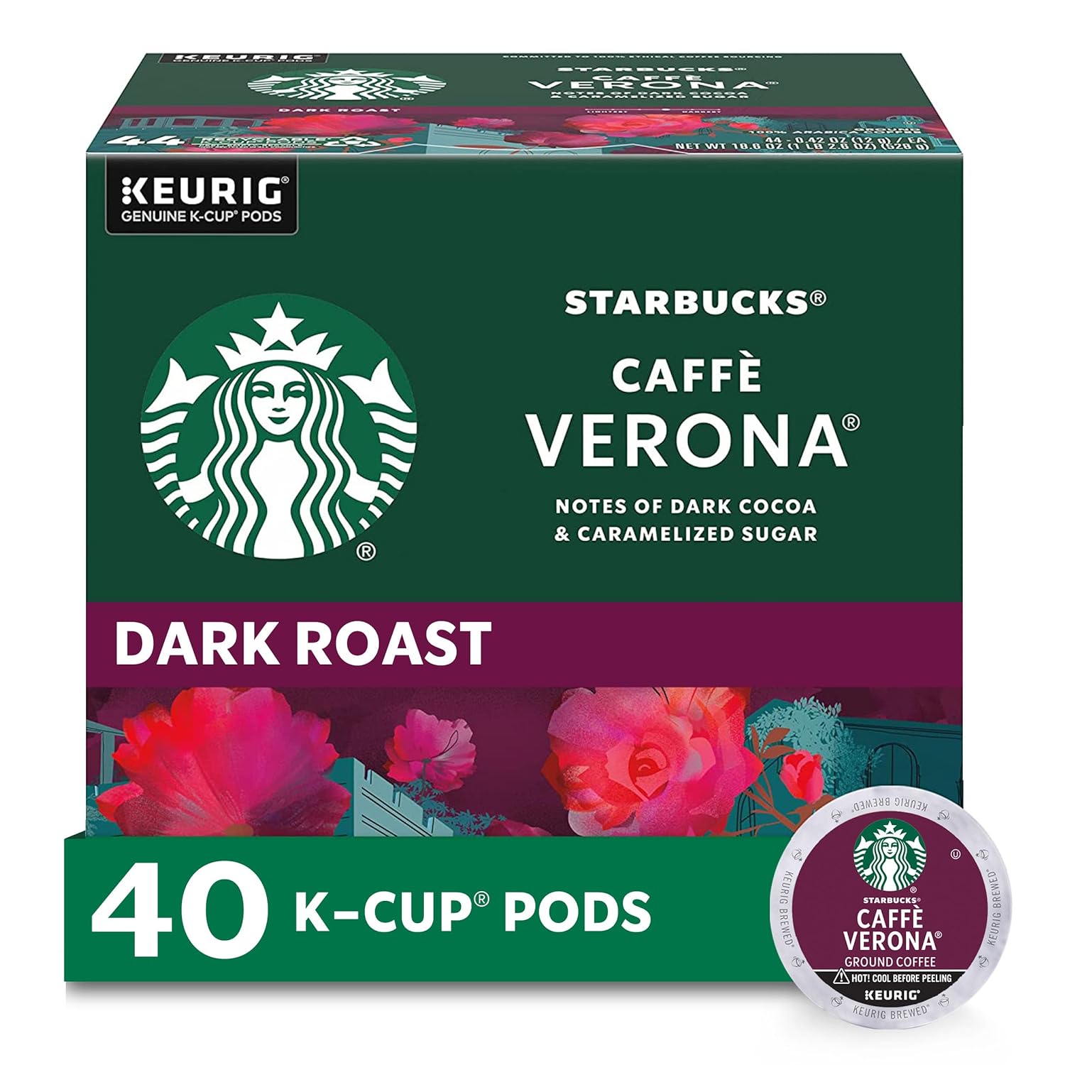 Starbucks K-Cup Coffee Pods—Dark Roast Coffee—Caffè Verona for Keurig Brewers—100% Arabica—1 box (40 pods)