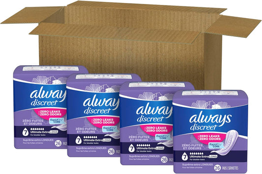 Always Discreet Adult Incontinence Pads For Women, Ultimate Extra Protect Absorbency, Long Length, Postpartum Pads, 104 Ct