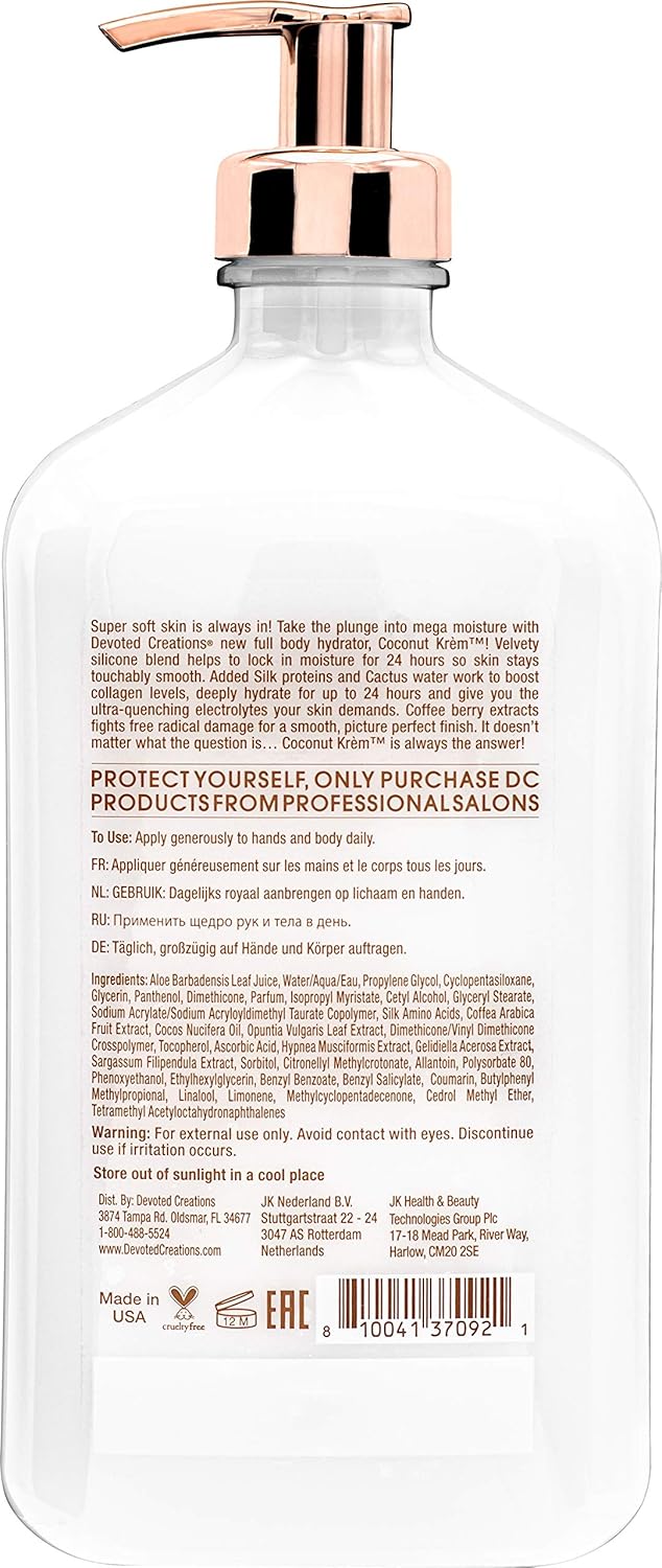 Devoted Creations Coconut Krém Moisturizer - Coconut Infused Silicone Moisturizer With Silk Proteins & Cactus Water For Ultra Rich 24 Hour Hydration 18.25 Oz. : Beauty & Personal Care