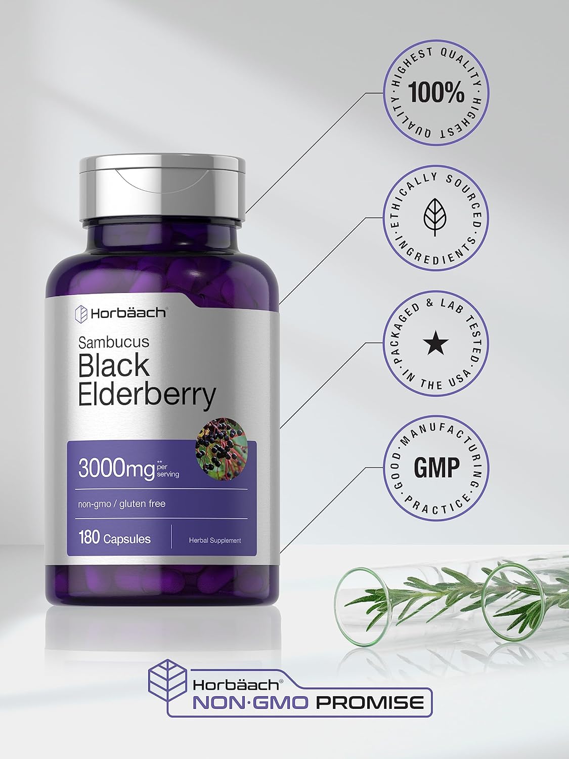 Horbäach Black Elderberry | 3000mg Capsules | 180 Count | Non-GMO, Gluten Free | Sambucus Extract Supplement : Health & Household