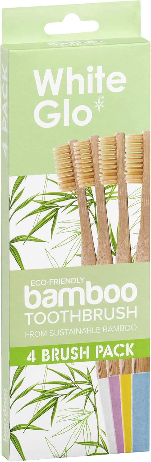White Glo Eco Friendly Sustainably Sourced Bamboo Toothbrush, Premium Deep Cleaning Bpa Free Soft Bristles For A Healthier Teeth & Gums & Whiter Smile, Environmentally Friendly & Biodegradable - 4 Pk