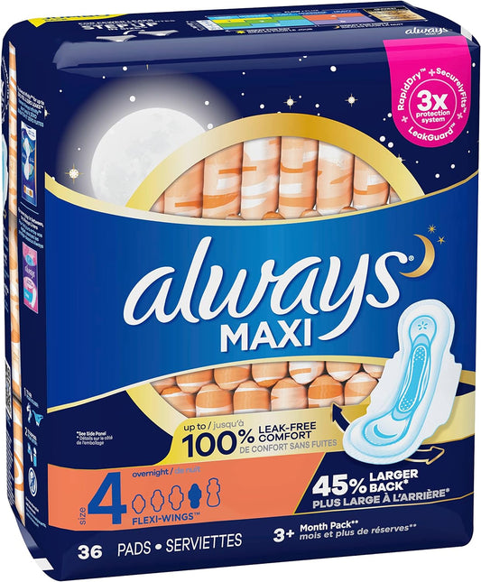 Always Maxi Unscented Pads with Wings, Overnight, 36 Count (Pack of 2)