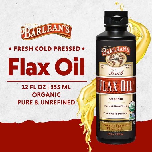 Barlean's Organic Flaxseed Oil Liquid, Cold Press Flax Seeds, 7,640mg ALA Omega 3 Fatty Acid Supplement for Healthy Hair, Skin, and Eyes, Vegan & Gluten Free, 12 oz