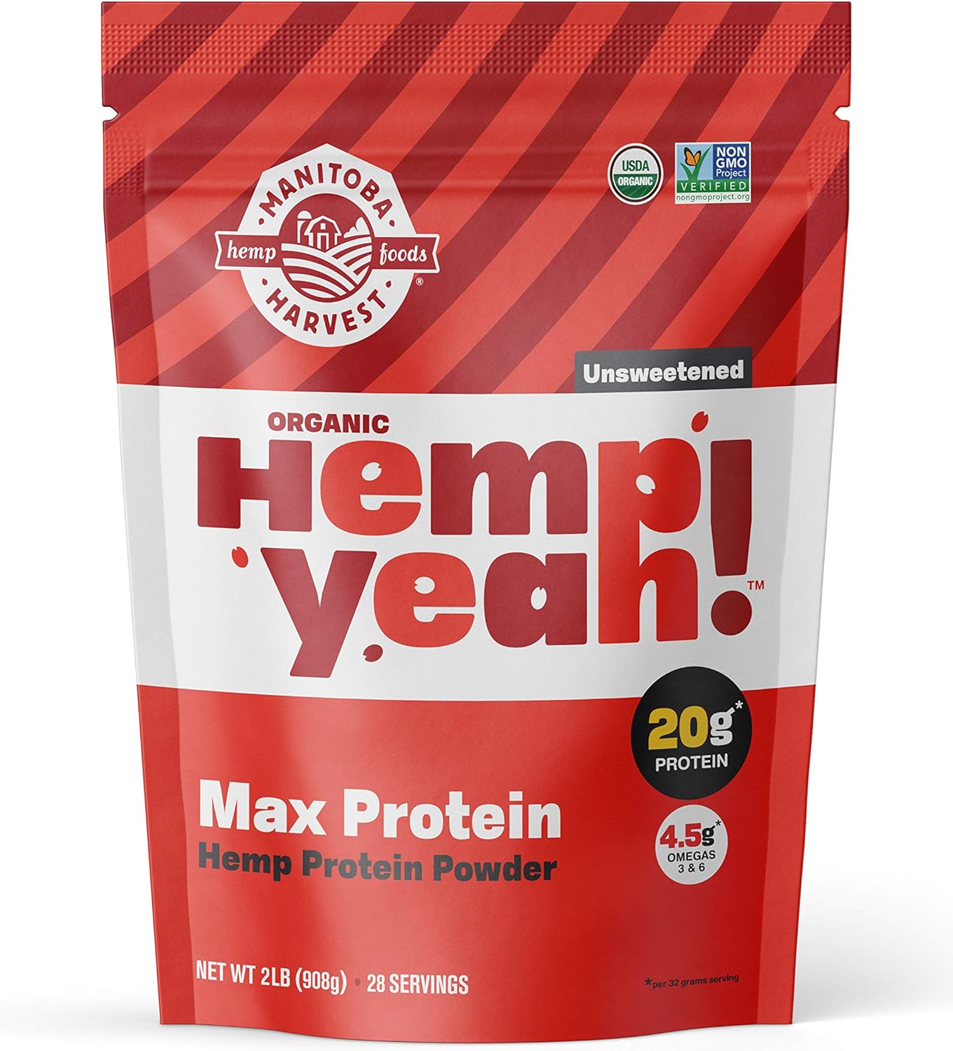 Manitoba Harvest Hemp Yeah! Organic Max Protein Powder, Unsweetened, 32Oz; With 20G Protein And 4.5G Omegas 3&6 Per Serving, Keto-Friendly, Preservative Free, Non-Gmo