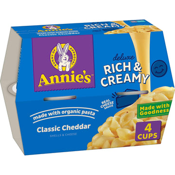 Annie'S Classic Cheddar Deluxe Rich And Creamy Microwave Mac & Cheese With Organic Pasta, 4 Ct, 2.6 Oz Cups