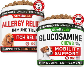 Allergy Relief + Glucosamine Dogs Bundle - Itchy Skin Treatment + Joint Pain Relief - Omega 3 & Pumpkin + Chondroitin, Msm - Dogs Itching & Licking Treats + Hip & Joint Care - 300 Chews - Made In Usa