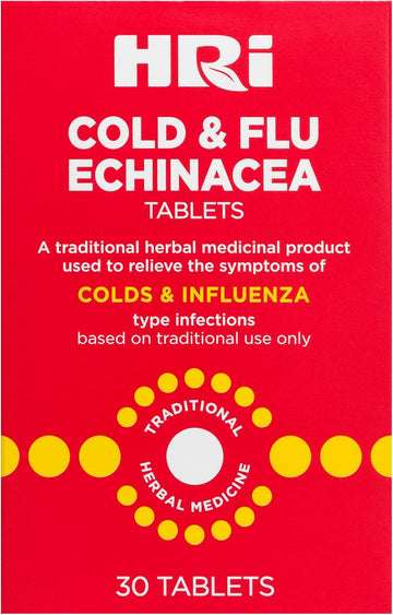 Hri Cold And Flu Echinacea - 30 Tablets. To Relieve The Symptoms Of Colds And Flu Type Infections. 338 To 450 Mg Of Echinacea Purpurea. 1 Pack