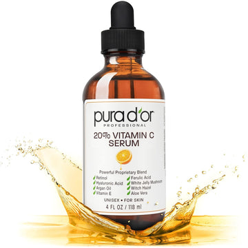 Pura D'Or 20% Vitamin C Serum 4 Oz - Lightweight Maximum Strength Formula - Retinol, Hyaluronic Acid, Ferulic Acid - Professional Grade Treatment For Face & Eyes, Wrinkles - Men & Women