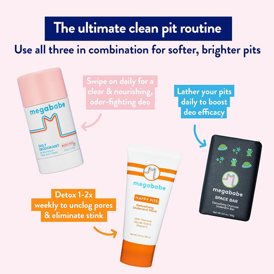Megababe Ultimate Underarm 3-Piece Bundle - Rosy Pits Daily Deodorant 2.6 Oz, Space Bar Detox Soap 3.5 Oz & Happy Pits Underarm Mask 3 Fl Oz | Odor Protection, Aluminum Free