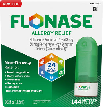 Flonase Allergy Relief Nasal Spray, 24 Hour Non Drowsy Allergy Medicine, Metered Nasal Spray - 144 Sprays- Fall And Seasonal Allergy Relief