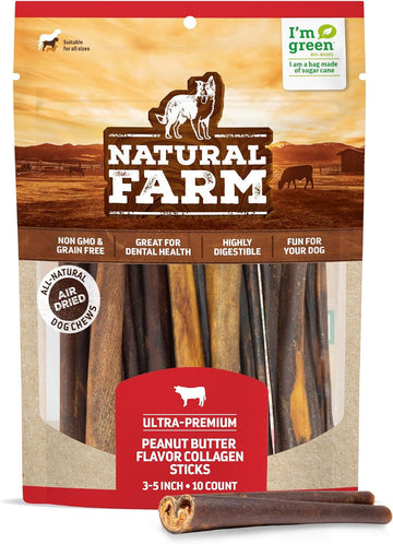 Natural Farm Peanut Butter Flavor Collagen Sticks for Dogs (3-5 Inch, 10 Pack), Long-Lasting Beef Collagen Sticks, Rawhide Alternative Chews with Chondroitin & Glucosamine, Low-Fat Dental Treats