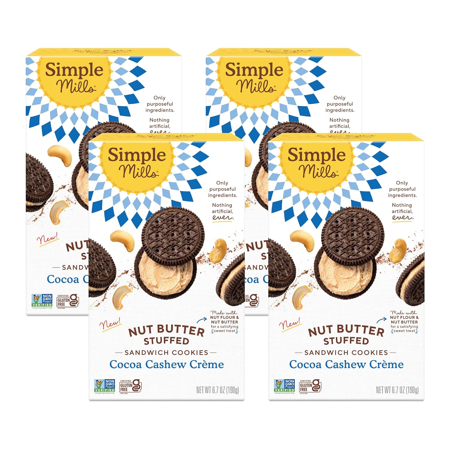 Simple Mills Cocoa Cashew Crème Sandwich Cookies - Gluten Free, Vegan, Healthy Snacks, 6.7 oz (Pack of 4)