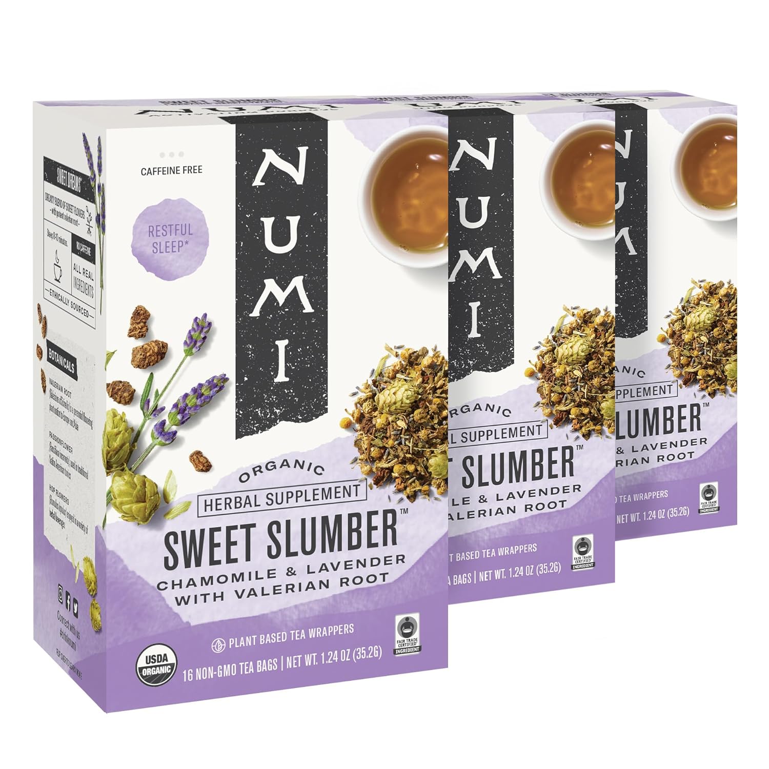 Numi Organic Tea Sweet Slumber, Valerian Root, Chamomile & Lavender Sleep Tea, 16 Tea Bags (Pack Of 3), Packaging May Vary