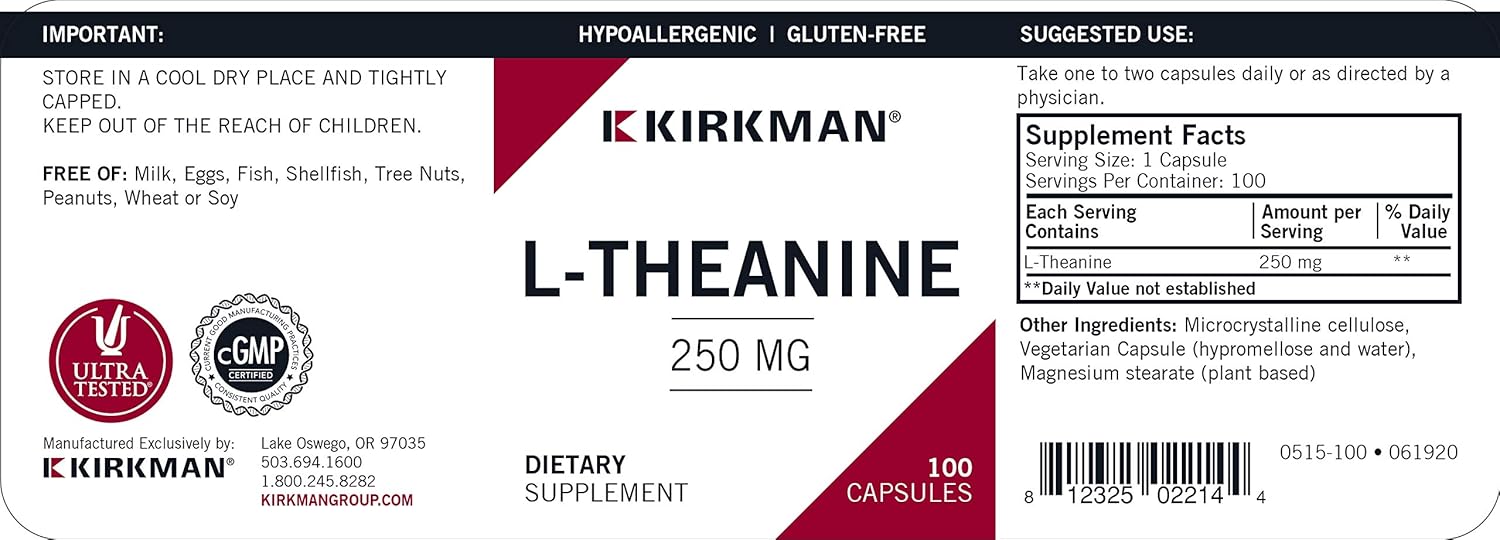 Kirkman – L-Theanine 250 mg - Hypoallergenic – 100 Vegetarian Capsules – Gluten Free – Casein Free – Amino Acid : Health & Household