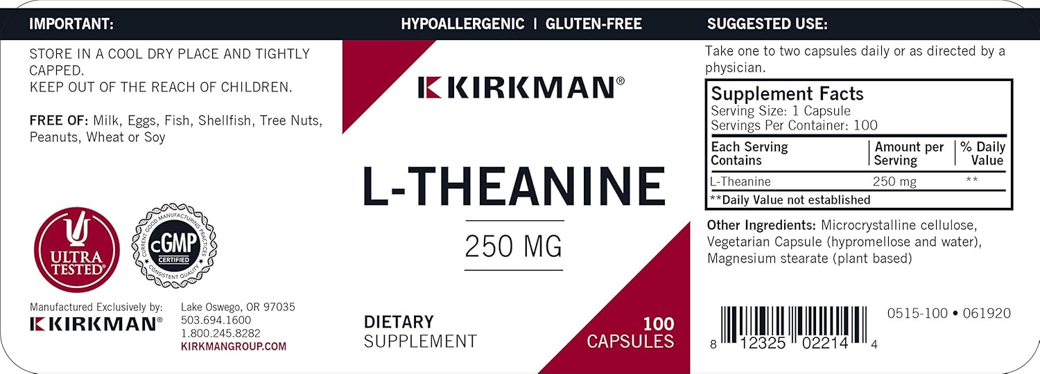Kirkman – L-Theanine 250 Mg - Hypoallergenic – 100 Vegetarian Capsules – Gluten Free – Casein Free – Amino Acid