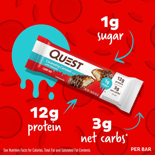 Quest Nutrition Coconutty Caramel Candy Bars, 12g of Protein, 3g Net Carbs, 1g of Sugar, Gluten Free, 12 Count