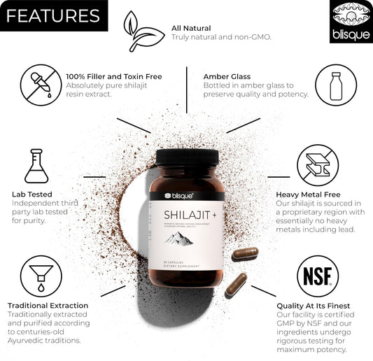 Blisque – Pure Himalayan Organic Shilajit Resin Extract Capsules | Authentic And Natural | Golden Grade A | Contains Fulvic Acid And Trace Minerals | 90 Capsules