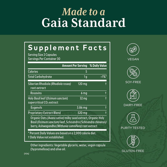 Gaia PRO Daytime HPA - Adaptogen & Nervine Supplement for Stress & Adrenal Health Support - Ashwagandha, Organic Holy Basil, Oats, Rhodiola & Schisandra - 60 Vegan Liq Phyto-Capsules (30 Servings)
