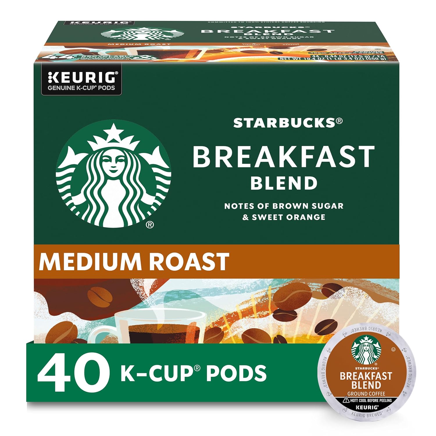 Starbucks K-Cup Coffee Pods, Medium Roast, Breakfast Blend For Keurig Brewers, 100% Arabica, 1 Box (40 Pods)