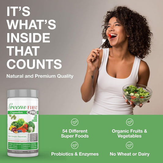 Greens First Pro Phytonutrient Capsules - 30 Servings - 54 Antioxidant Superfoods, Organic Fruits & Vegetables - Prebiotics, Probiotics & Digestive Enzymes - Dairy & Wheat-Free, Non-Gmo - 180 Capsules