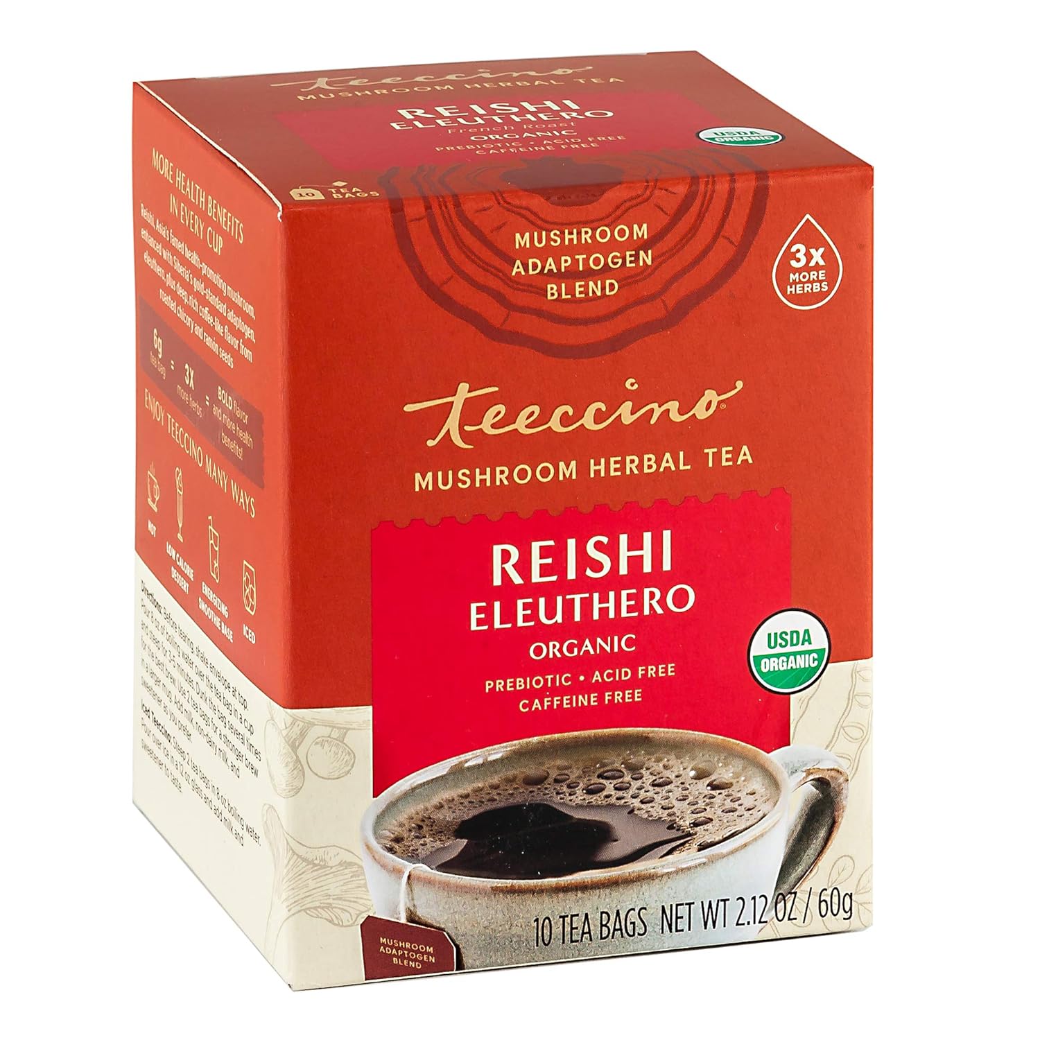 Teeccino Reishi Eleuthero Tea - French Roast - Organic Mushroom Adaptogenic Herbal Tea, 3X More Herbs Than Regular Tea Bags, Caffeine Free, Chicory Prebiotic - 10 Tea Bags