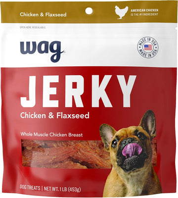 Amazon Brand – Wag Chewy Whole Muscle American Jerky Dog Treats – Chicken & Flaxseed (1 Lb), Grain Free