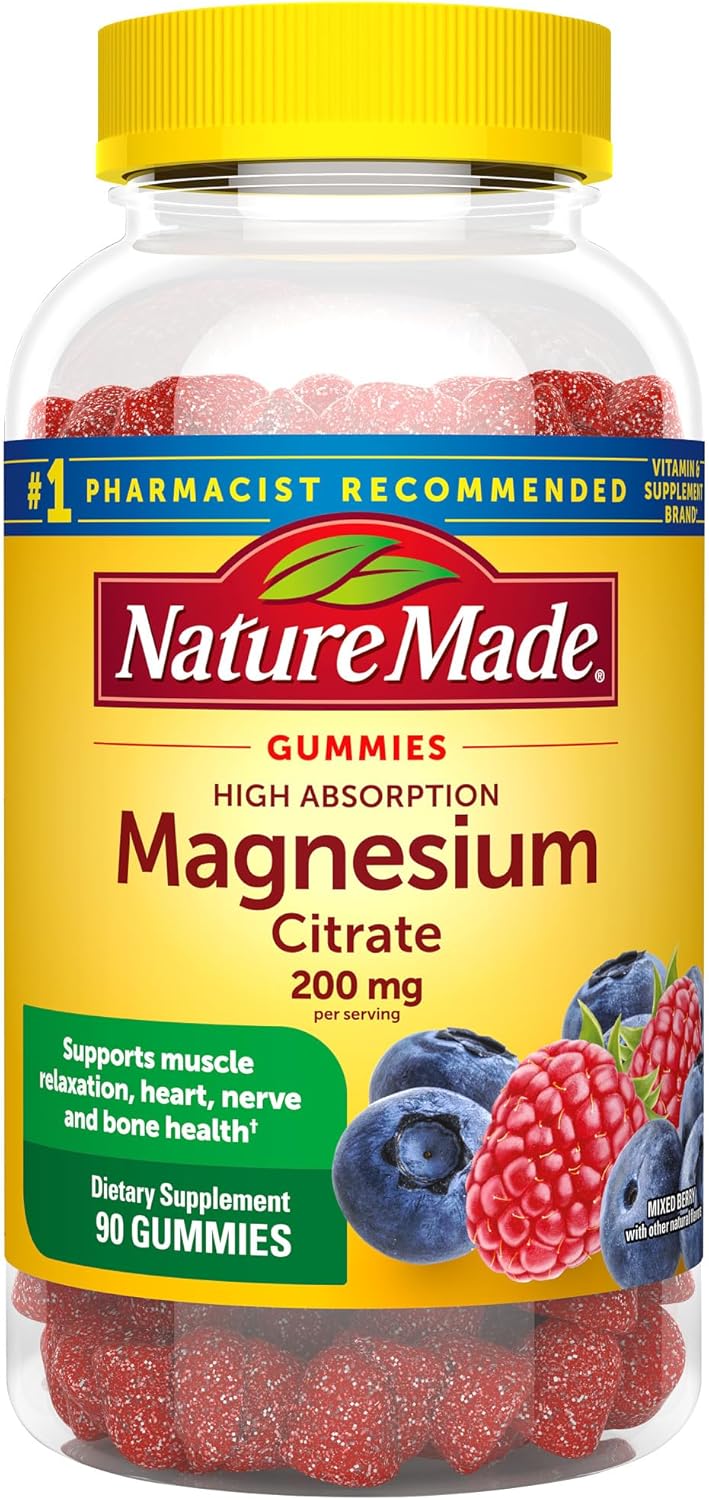 Nature Made High Absorption Magnesium Citrate 200 Mg Per Serving, Magnesium Supplement For Muscle, Nerve, Bone And Heart Support, 90 Magnesium Gummies, 45 Day Supply
