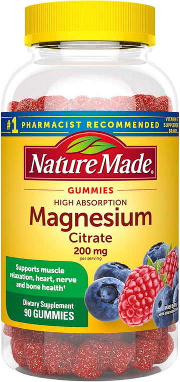 Nature Made High Absorption Magnesium Citrate 200 Mg Per Serving, Magnesium Supplement For Muscle, Nerve, Bone And Heart Support, 90 Magnesium Gummies, 45 Day Supply