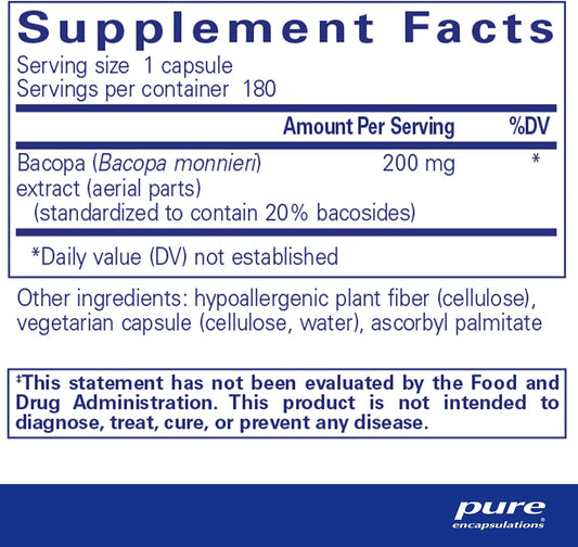 Pure Encapsulations Bacopa Monnieri | Supplement For Brain, Memory, Concentration, And Stress Support* | 180 Capsules